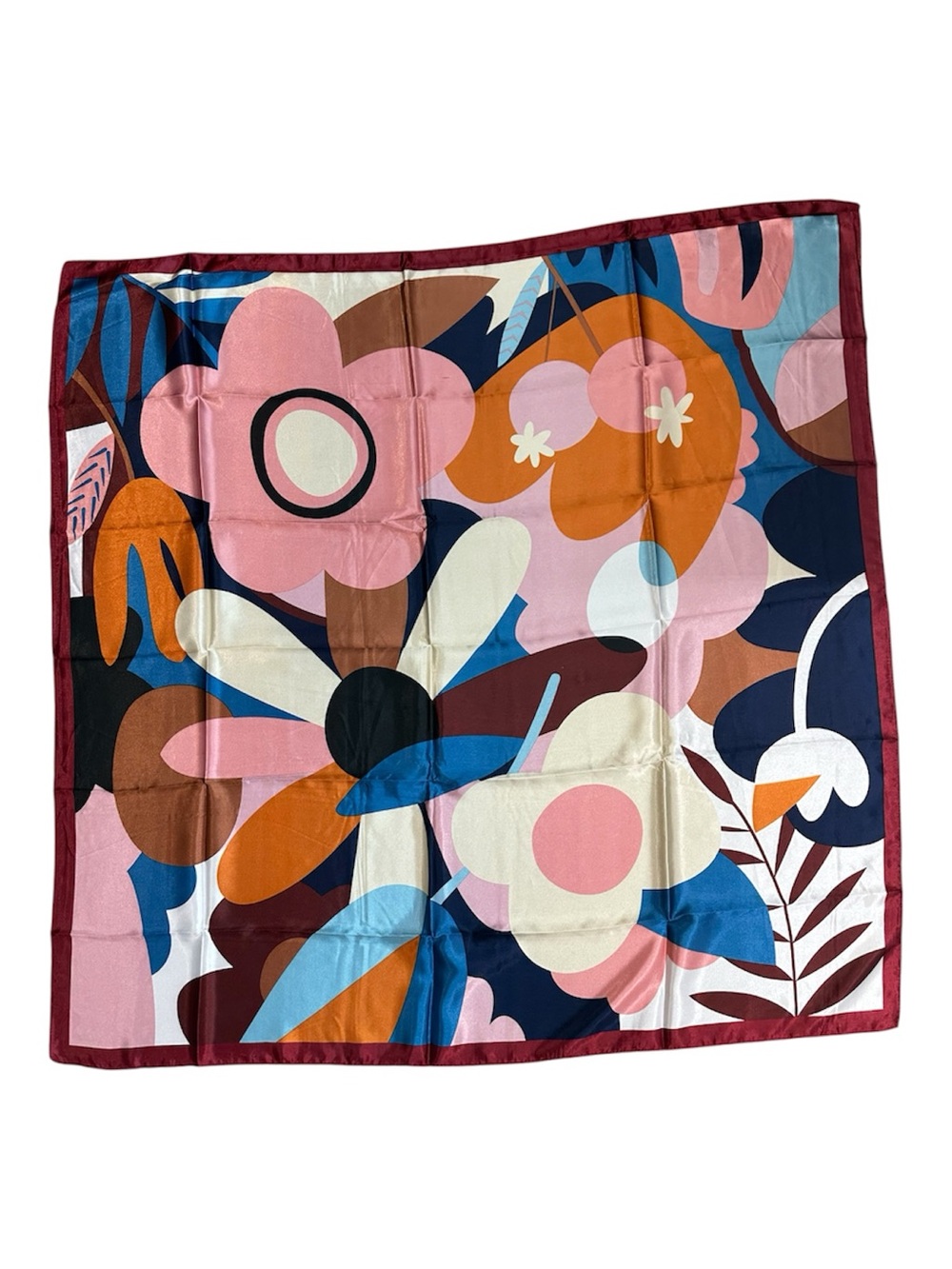 Floral Abstract Silky Scarf in Pink, Blue & Orange 70X70 - Picture 2 of 8